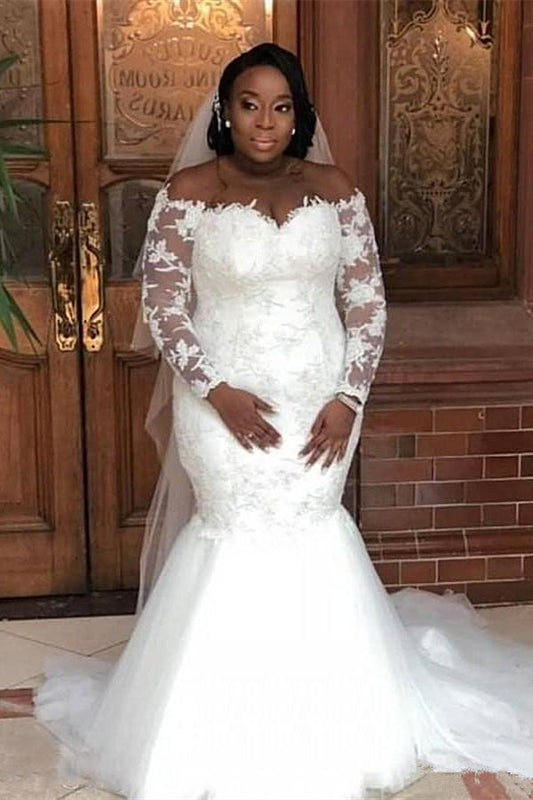 Vestido de novia de encaje estilo sirena con mangas largas y hombros descubiertos