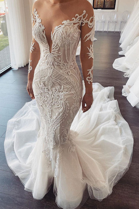 Vestido de novia sirena de encaje con escote en V y mangas largas en oferta