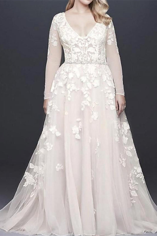 Brautkleid mit langen Ärmeln, V-Ausschnitt und Gürtel