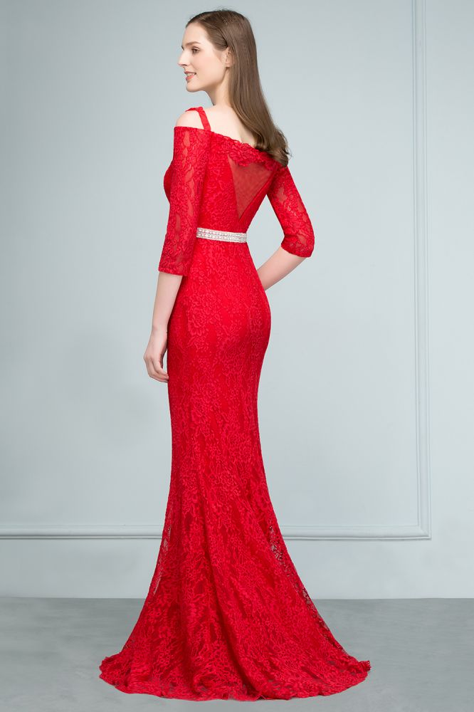 Langes, schulterfreies Meerjungfrauen-Ballkleid aus Spitze mit Spaghettiträgern, Ärmeln und Schärpe