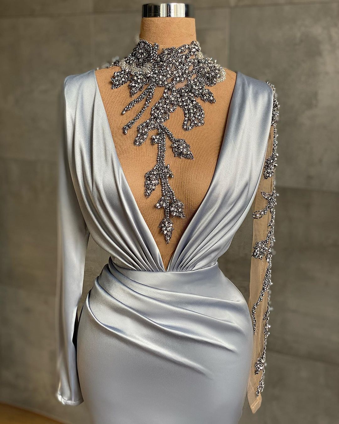 Long V-neck Beading Satin Mermaid Evening Dress with Sleeves