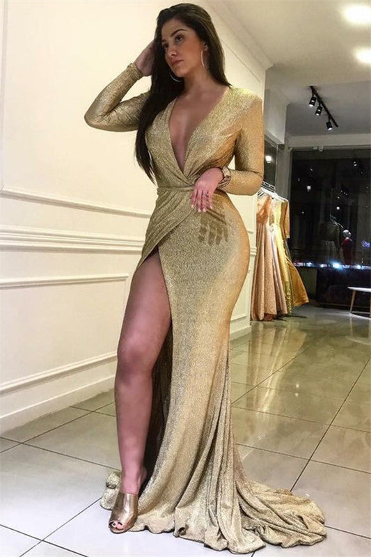 Langes Meerjungfrau-Ballkleid mit V-Ausschnitt, Pailletten und Ärmeln