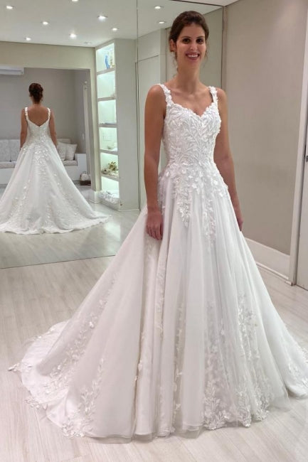 Luxuriöses A-Linien-Brautkleid mit Spitze und Herzausschnitt, ärmellos, weiß, lang, mit Applikationen