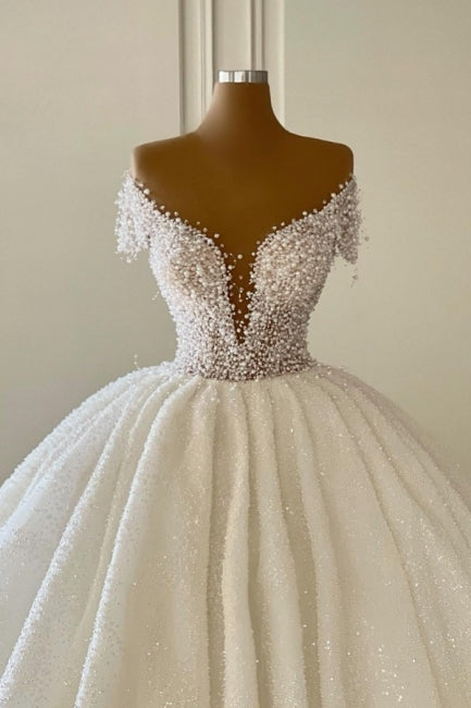 Luxuriöse Prinzessin Off-the-Shoulder V-Ausschnitt A-Linie Brautkleider mit Glitzer