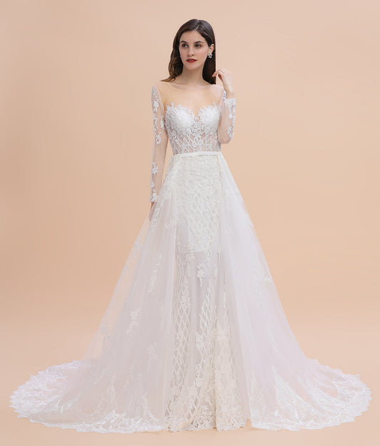 Vestidos de novia de sirena con encaje y cuentas de lujo, apliques de tul y cola desmontable