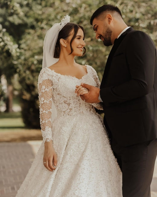 Luxuriöse Brautkleider aus Spitze | A-Linien-Brautkleider mit Ärmeln