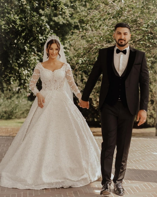 Luxuriöse Brautkleider aus Spitze | A-Linien-Brautkleider mit Ärmeln