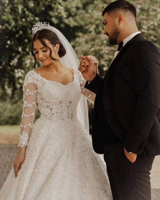 Luxuriöse Brautkleider aus Spitze | A-Linien-Brautkleider mit Ärmeln