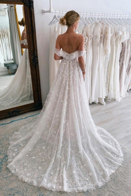 Luxuriöses langes A-Linien-Brautkleid mit schulterfreier Spitze und Glitzer