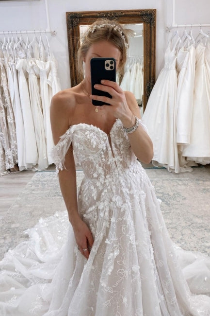 Luxuriöses langes A-Linien-Brautkleid mit schulterfreier Spitze und Glitzer