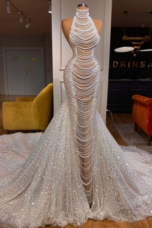 Vestido de novia de lujo largo estilo sirena, sin mangas, con cuello halter y cuentas, con perlas