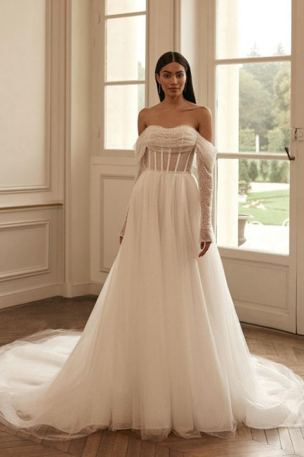 Luxus lange Ärmel A-Linie Off-the-Shoulder Brautkleider Pailletten