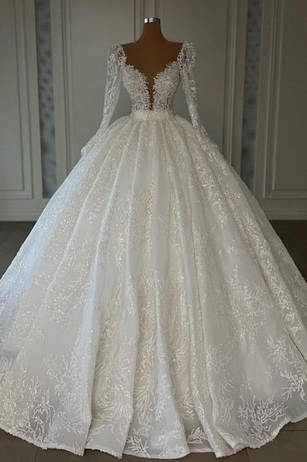 Vestidos de novia de lujo de princesa, corte A, escote en V, encaje y mangas largas