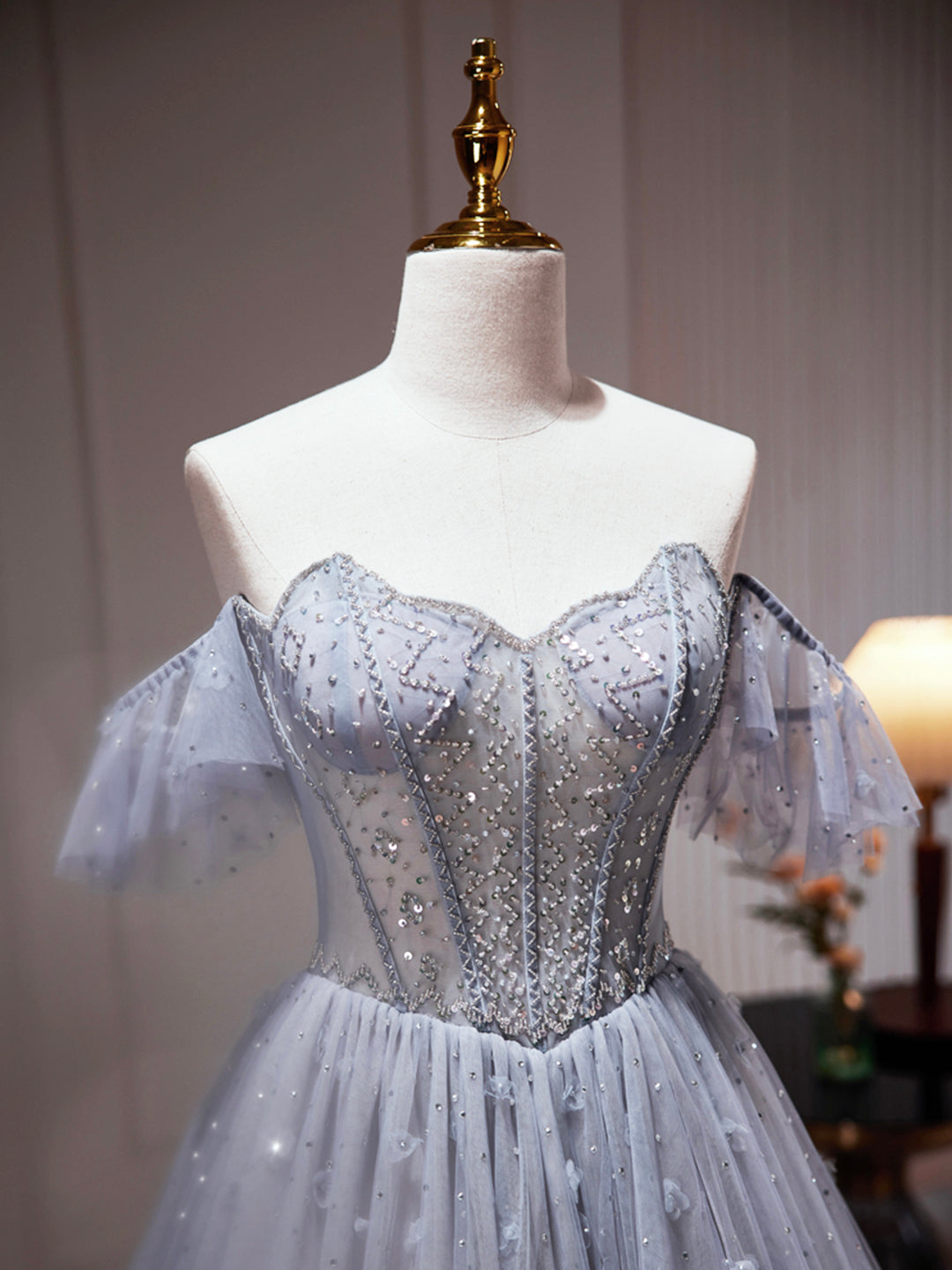 Vestido de fiesta de tul gris con hombros descubiertos y cuentas, vestido formal de tul en forma de A, vestido de fiesta