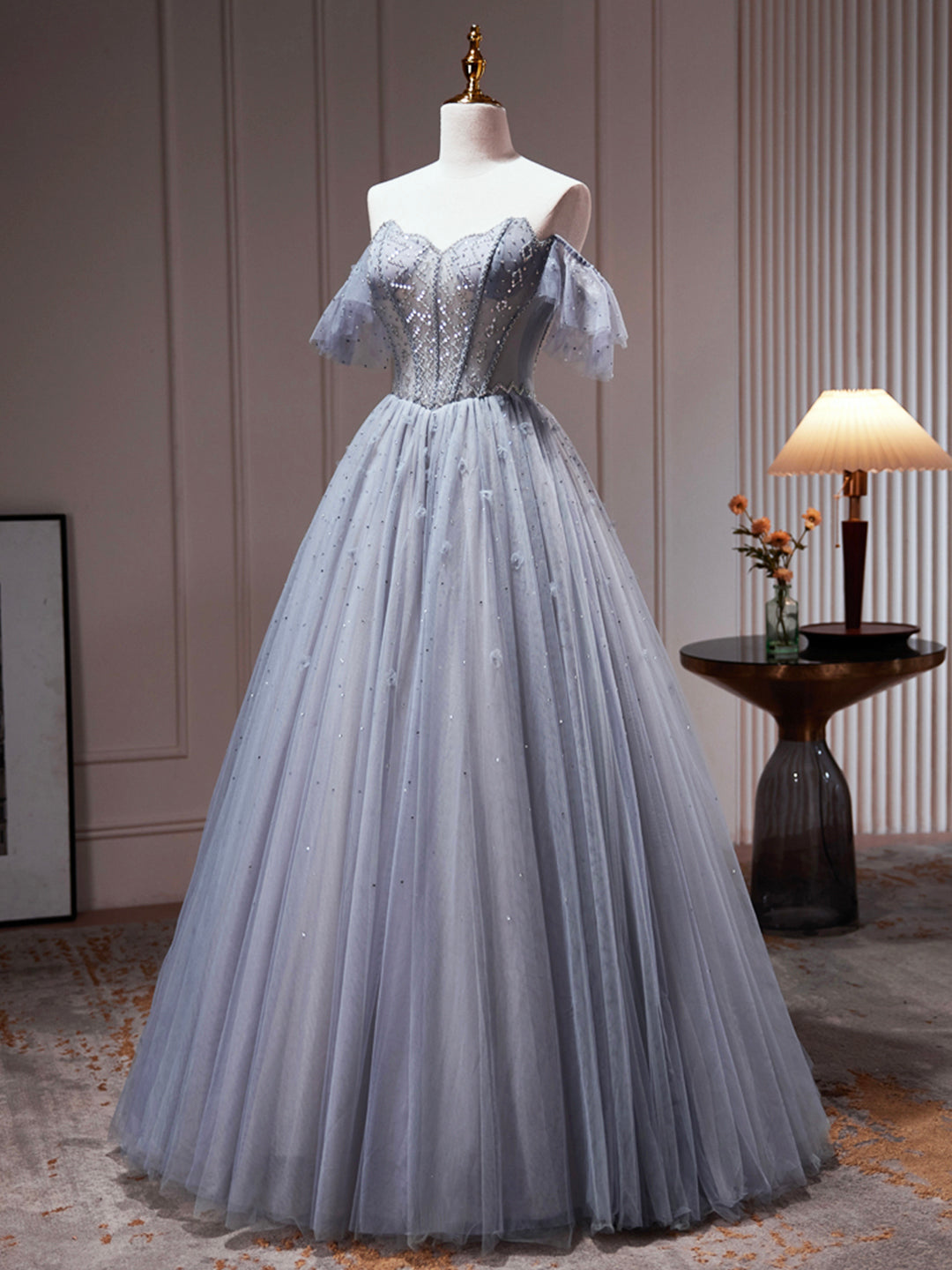 Vestido de fiesta de tul gris con hombros descubiertos y cuentas, vestido formal de tul en forma de A, vestido de fiesta