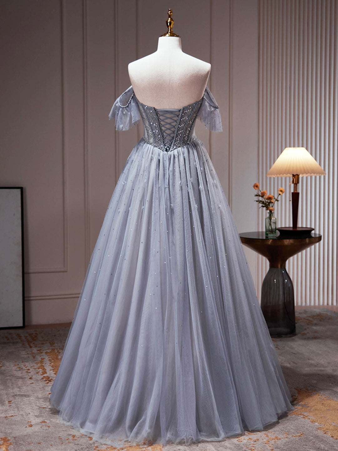 Vestido de fiesta de tul gris con hombros descubiertos y cuentas, vestido formal de tul en forma de A, vestido de fiesta