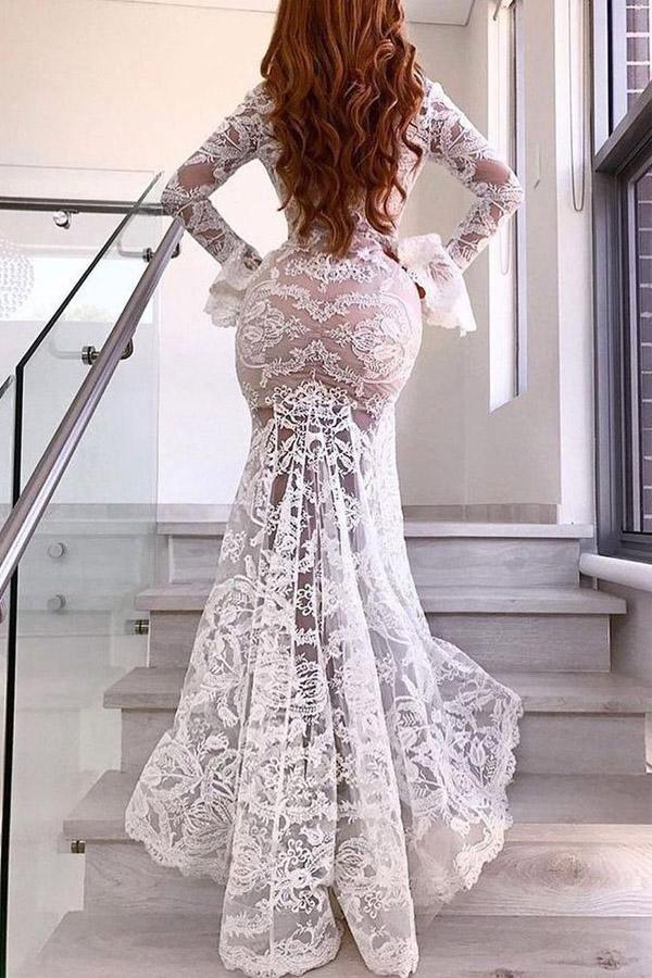 Meerjungfrau Deep V Brautkleid mit langen Ärmeln Sexy Spitzen-Brautkleid