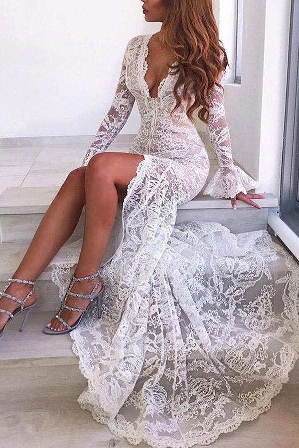 Meerjungfrau Deep V Brautkleid mit langen Ärmeln Sexy Spitzen-Brautkleid
