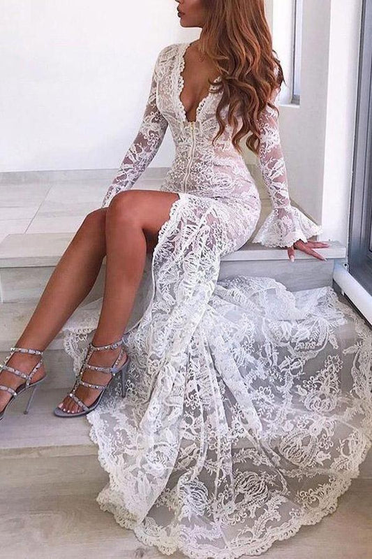 Mermaid Deep V Wedding Dress With Long Sleeve Sexy Lace Wedding Dress