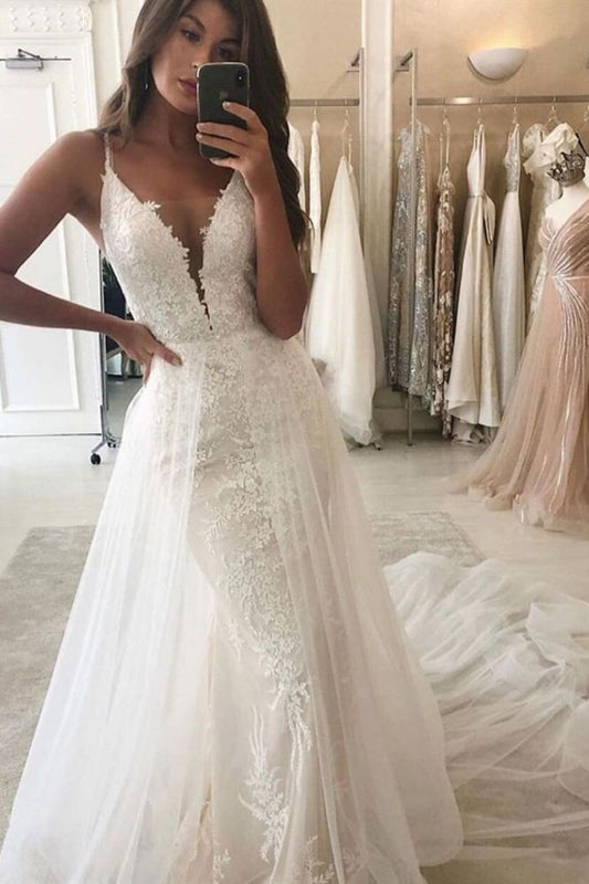 Meerjungfrau Garten Brautkleid Hochzeitskleid V-Ausschnitt Träger Abnehmbare Schleppe