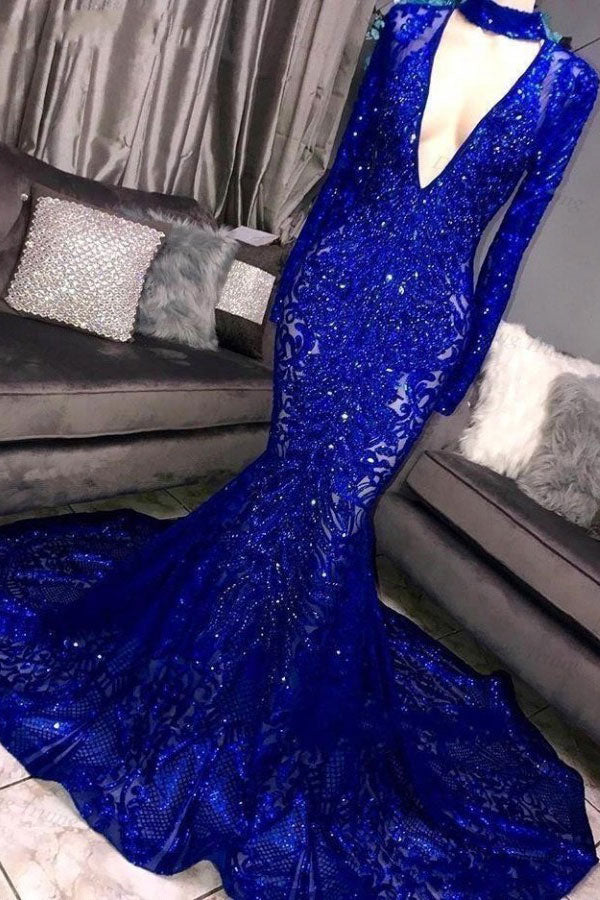 Meerjungfrau-Ballkleid mit hohem Halsausschnitt und langen Ärmeln