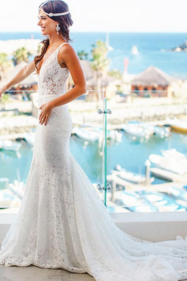 Meerjungfrau Spitze V-Ausschnitt Hofschleppe Strand Brautkleid