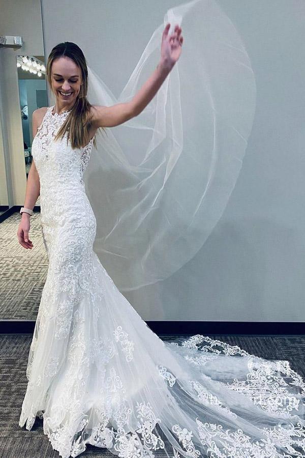 Meerjungfrau-Brautkleid aus Spitze mit halbkathedraler Schleppe und Racerback
