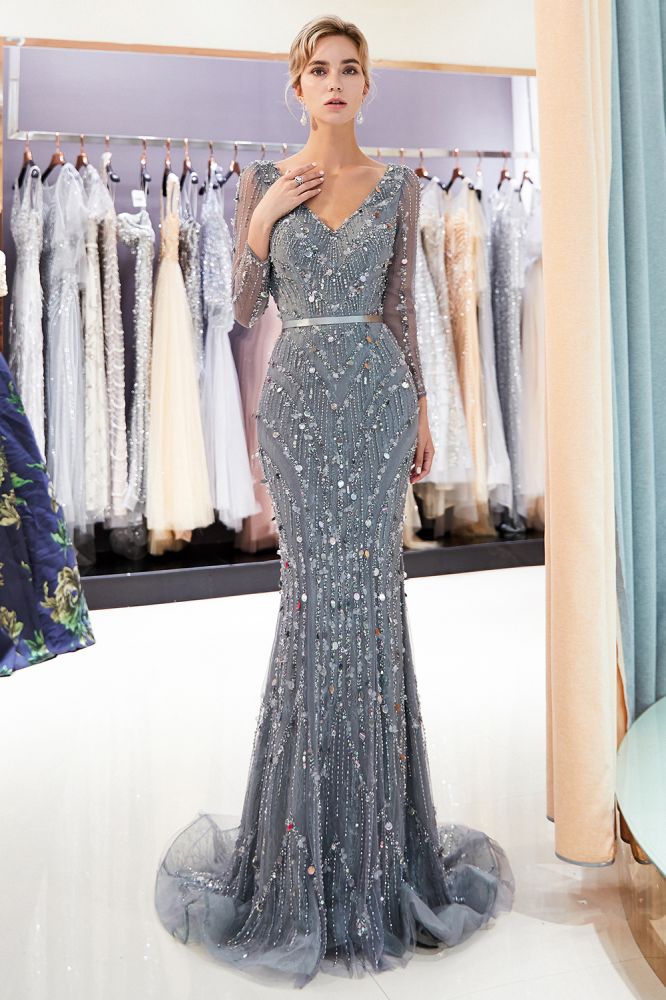 Meerjungfrau Abendkleid mit langen Ärmeln, V-Ausschnitt und Pailletten