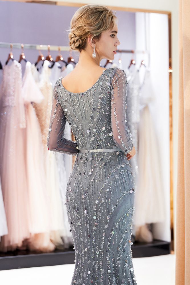 Meerjungfrau Abendkleid mit langen Ärmeln, V-Ausschnitt und Pailletten