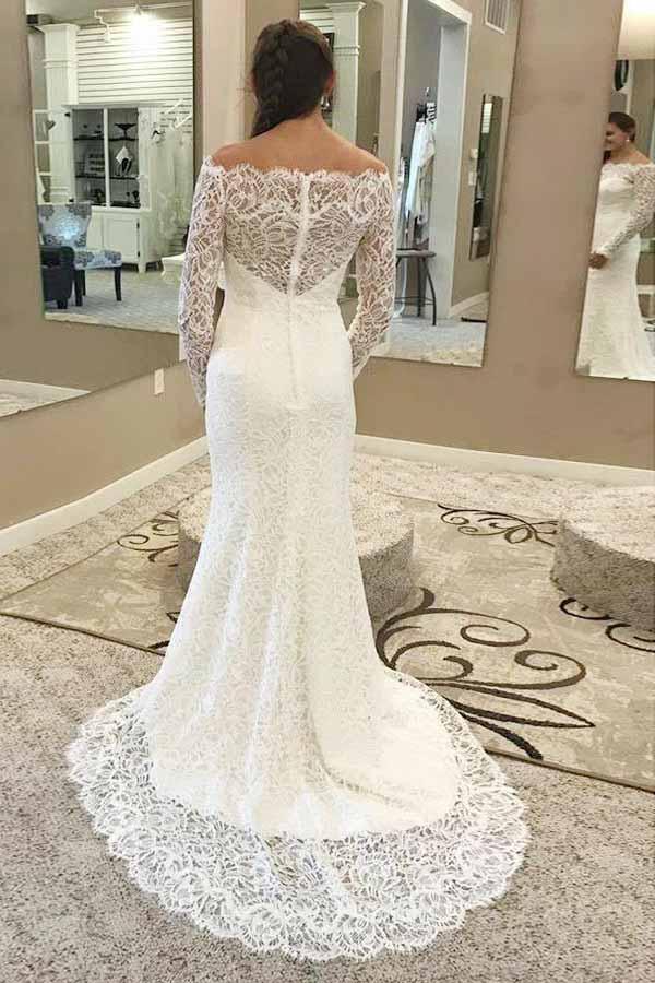 Meerjungfrau-Brautkleid mit schulterfreiem Schnitt und langen Ärmeln