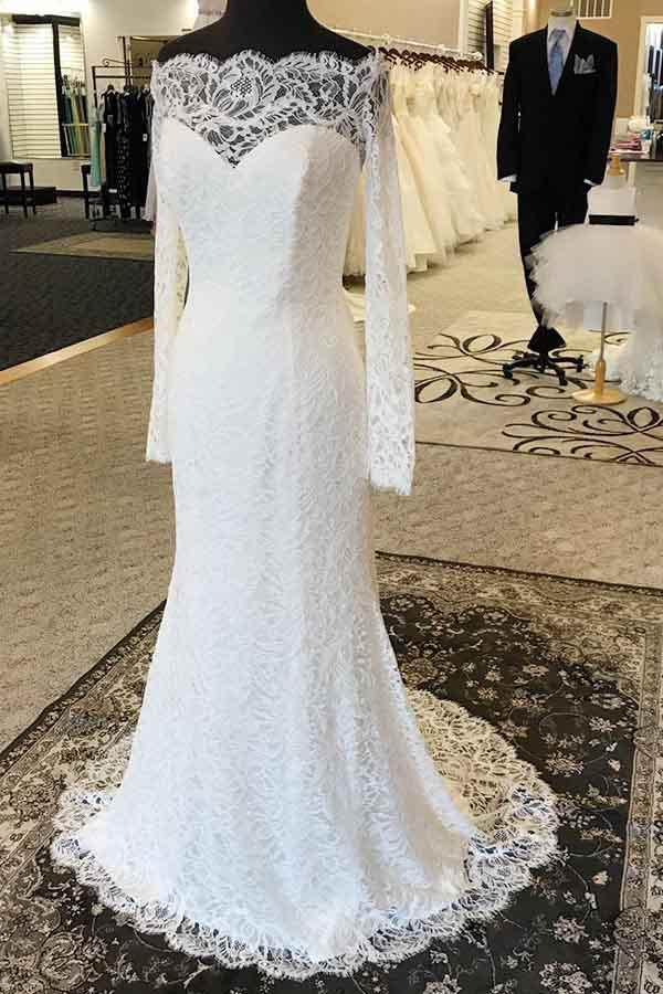 Meerjungfrau-Brautkleid mit schulterfreiem Schnitt und langen Ärmeln