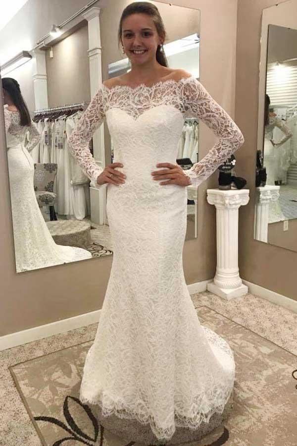 Meerjungfrau-Brautkleid mit schulterfreiem Schnitt und langen Ärmeln