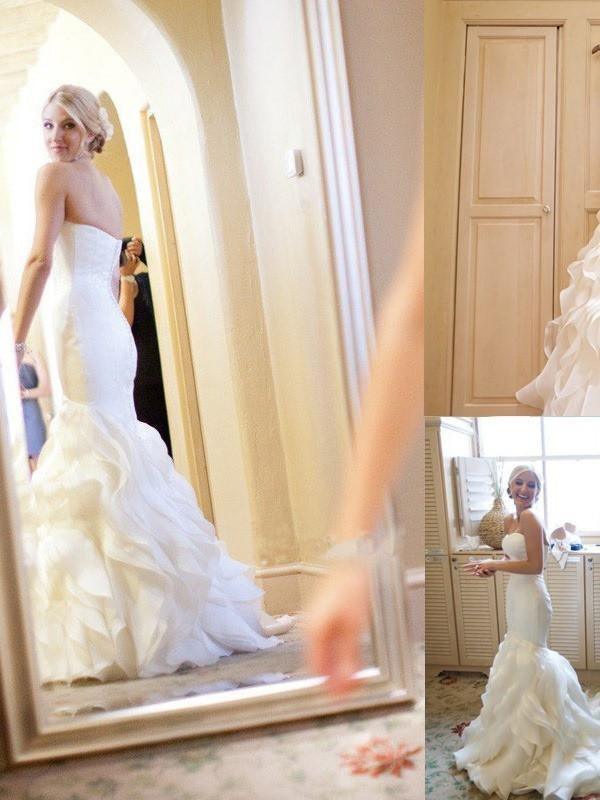 Vestidos de novia de organza con cola de sirena y escote corazón