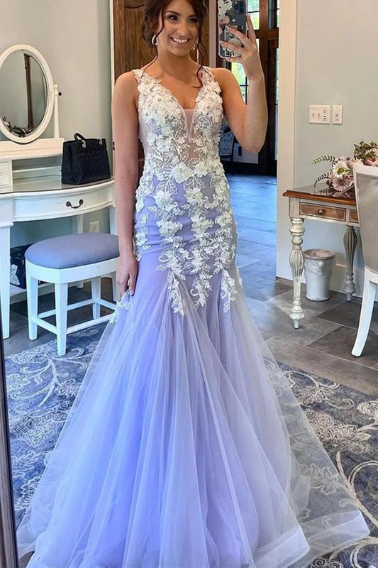 Vestidos de fiesta de sirena, vestido floral, formal, cola larga, sin mangas, cuello en V, tul con volantes y apliques