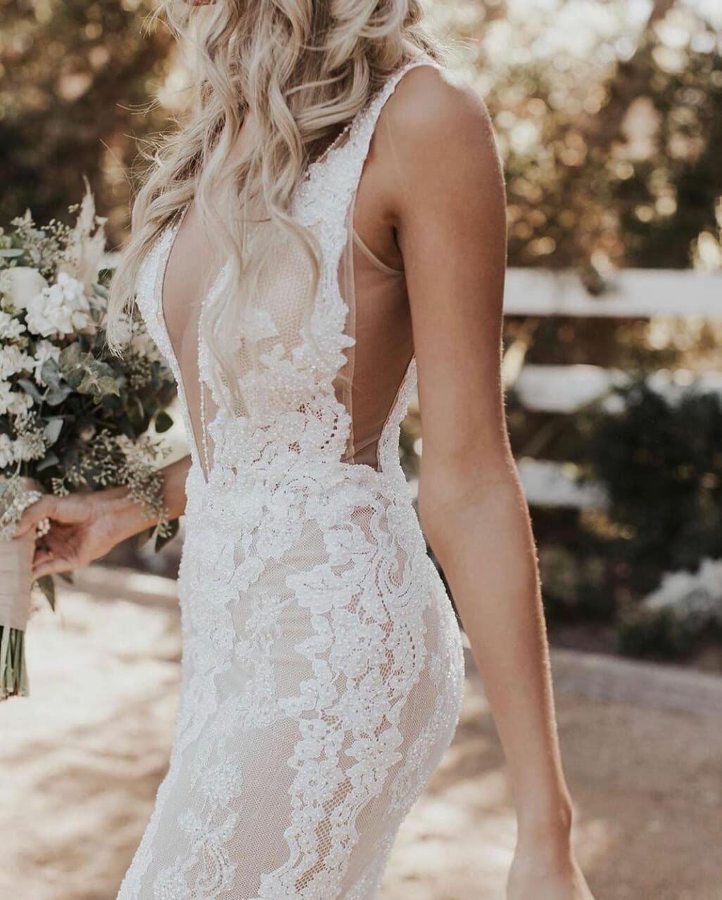 Meerjungfrau/Trompete Tiefer V-Ausschnitt Spitze Boho Brautkleid Brautkleid