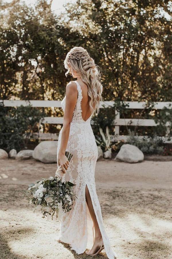 Meerjungfrau/Trompete Tiefer V-Ausschnitt Spitze Boho Brautkleid Brautkleid