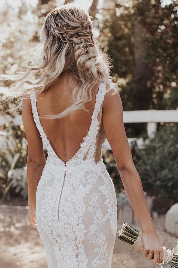 Meerjungfrau/Trompete Tiefer V-Ausschnitt Spitze Boho Brautkleid Brautkleid