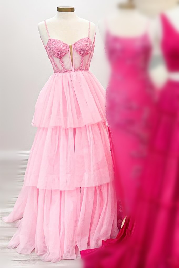 Vestido de fiesta largo con corsé bordado con lentejuelas y volantes escalonados