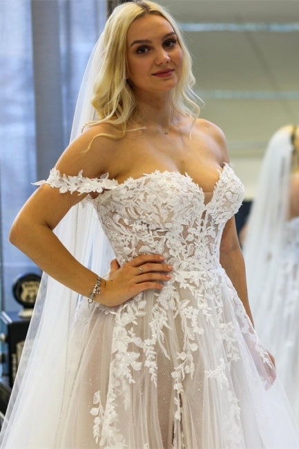 Moderne A-Linie Off-the-Shoulder Ärmellose Brautkleider mit Spitze