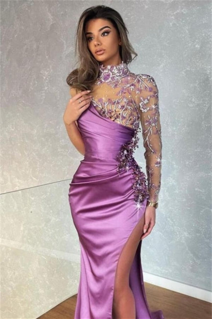 Vestido de fiesta moderno de sirena con mangas largas y purpurina y abertura