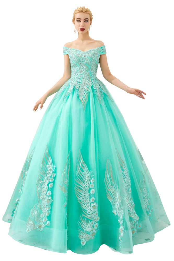 Modernes ärmelloses A-Linien-Ballkleid mit goldenen Applikationen, schulterfrei, Tüll, Partykleider