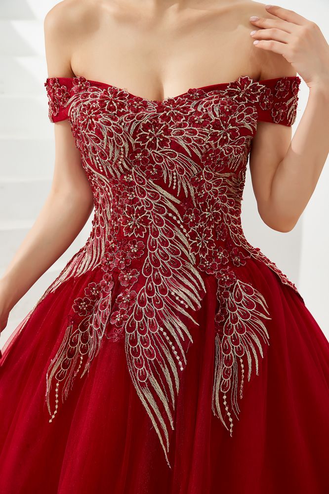 Modernes ärmelloses A-Linien-Ballkleid mit goldenen Applikationen, schulterfrei, Tüll, Partykleider
