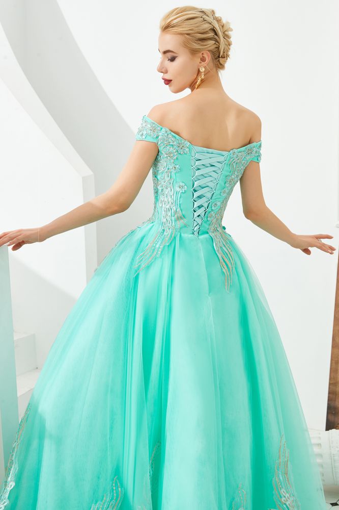 Modernes ärmelloses A-Linien-Ballkleid mit goldenen Applikationen, schulterfrei, Tüll, Partykleider