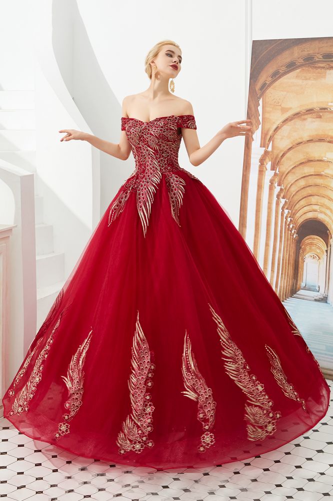 Modernes ärmelloses A-Linien-Ballkleid mit goldenen Applikationen, schulterfrei, Tüll, Partykleider