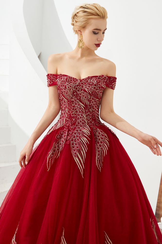 Modernes ärmelloses A-Linien-Ballkleid mit goldenen Applikationen, schulterfrei, Tüll, Partykleider
