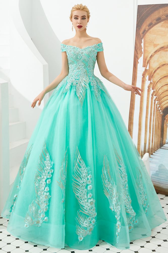 Modernes ärmelloses A-Linien-Ballkleid mit goldenen Applikationen, schulterfrei, Tüll, Partykleider