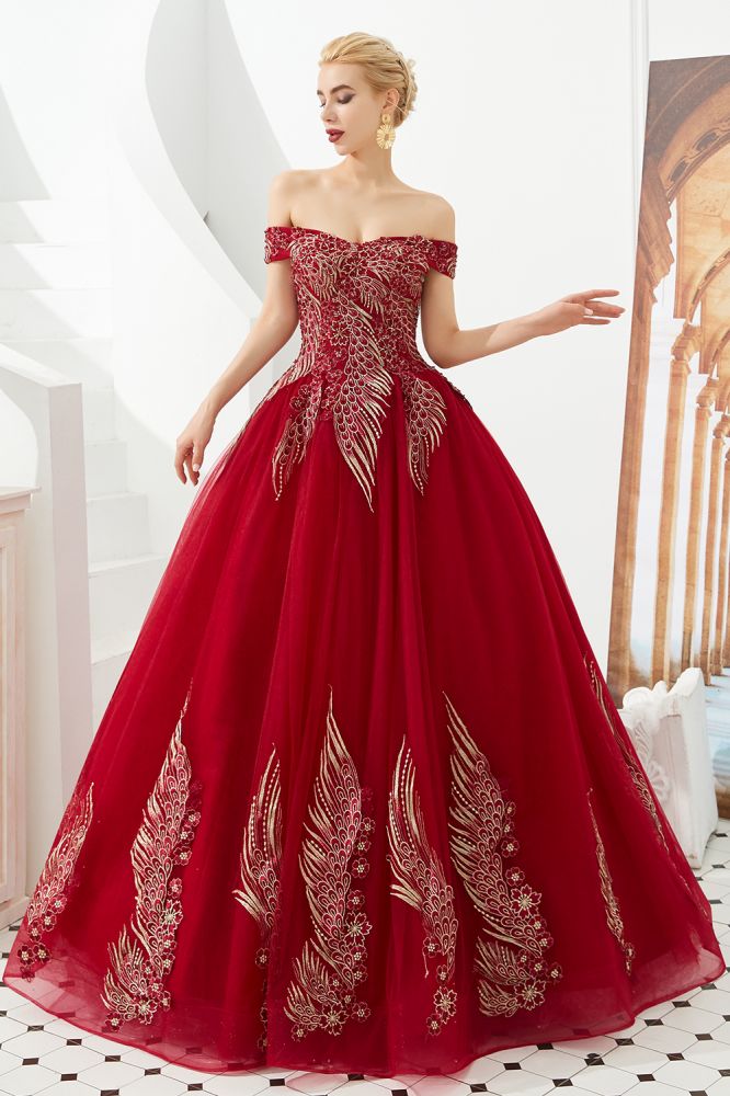 Modernes ärmelloses A-Linien-Ballkleid mit goldenen Applikationen, schulterfrei, Tüll, Partykleider