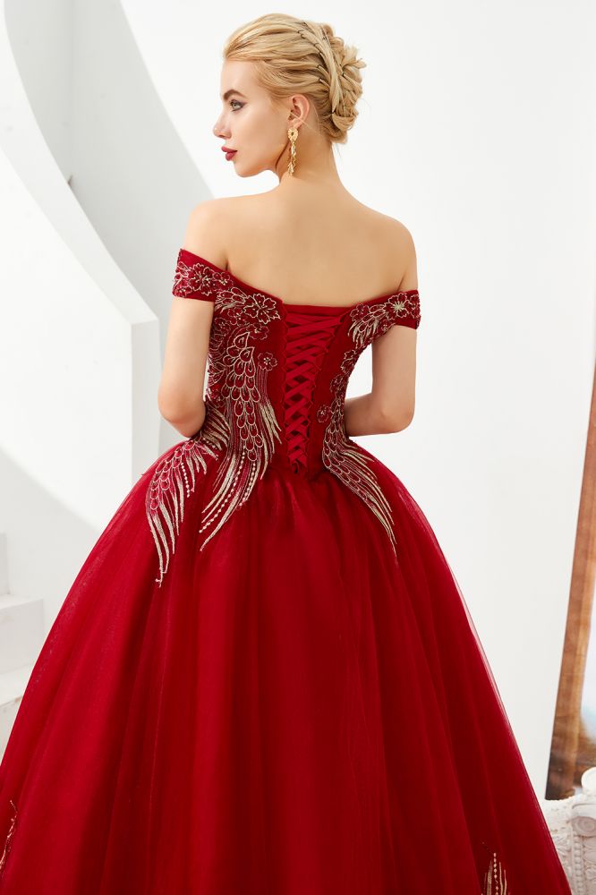 Modernes ärmelloses A-Linien-Ballkleid mit goldenen Applikationen, schulterfrei, Tüll, Partykleider