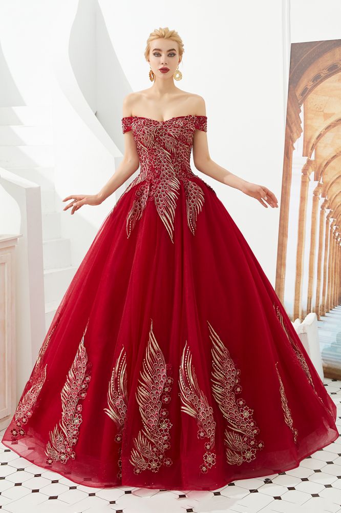 Modernes ärmelloses A-Linien-Ballkleid mit goldenen Applikationen, schulterfrei, Tüll, Partykleider