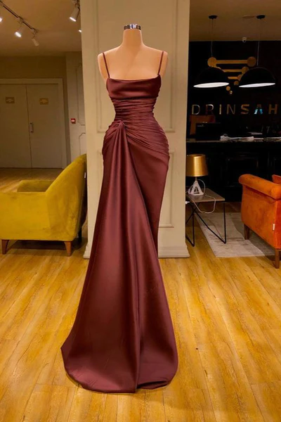 Vestido de fiesta moderno de sirena sin mangas de satén con tirantes finos